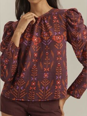 Banjanan Anthropologie Emilie Deco Purple Print Cotton Blouse Top XL
